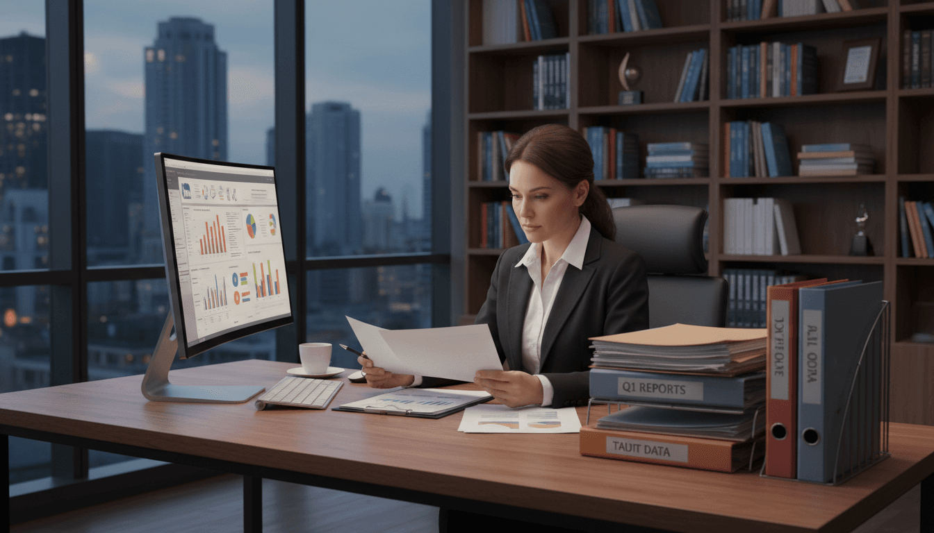 Professional accountant reviewing financial documents at desk with computer