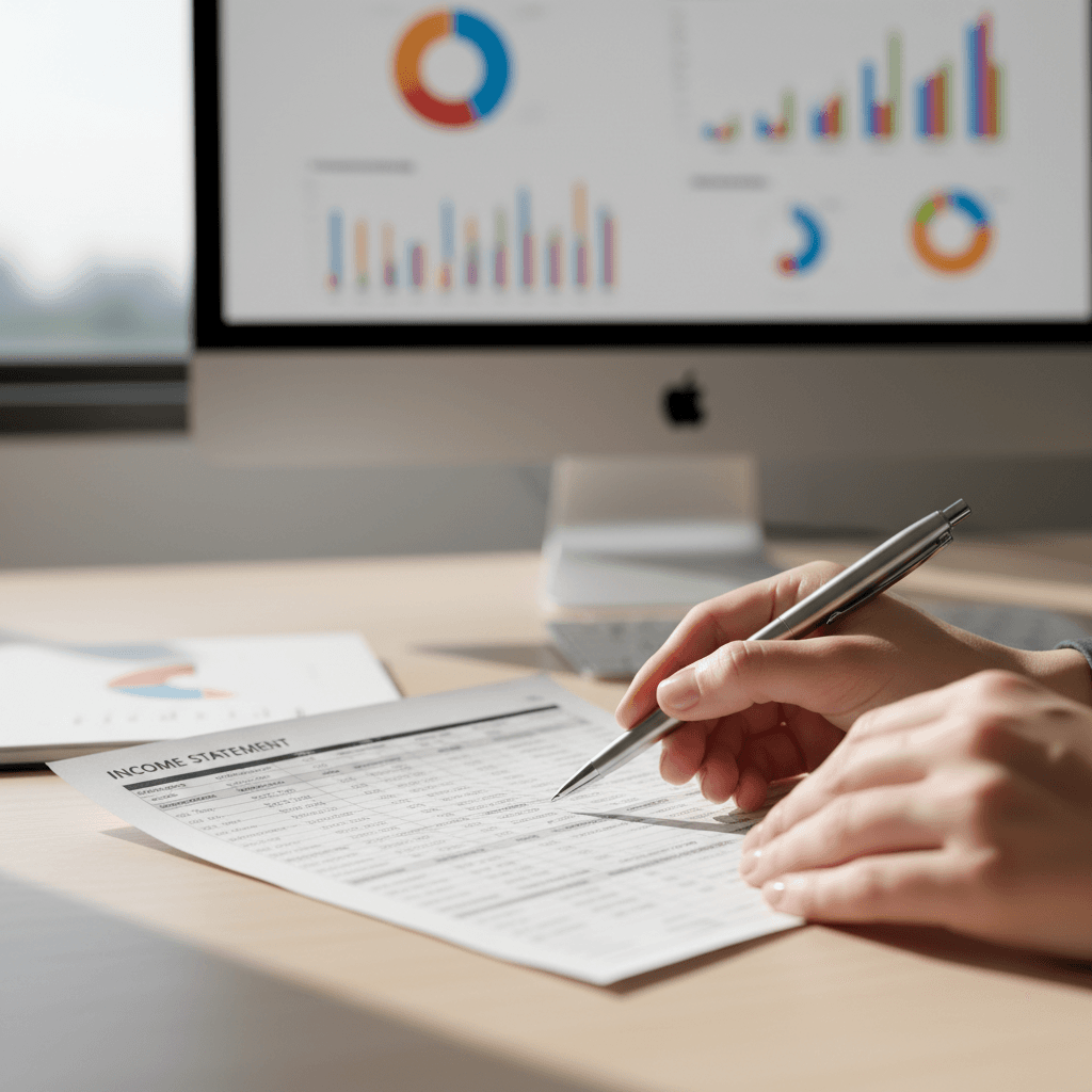 Professional accountant reviewing financial documents at modern office desk