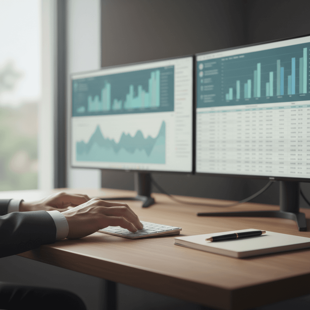 Professional accountant reviewing financial documents at desk in modern office setting