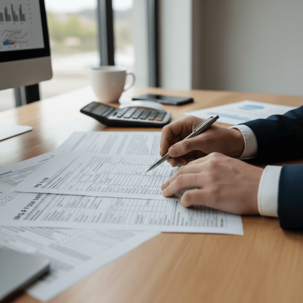 Calculator and tax documents on desk showing financial planning and analysis